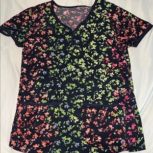koi Black Floral Print Scrub Top with Multicolor Blossoms